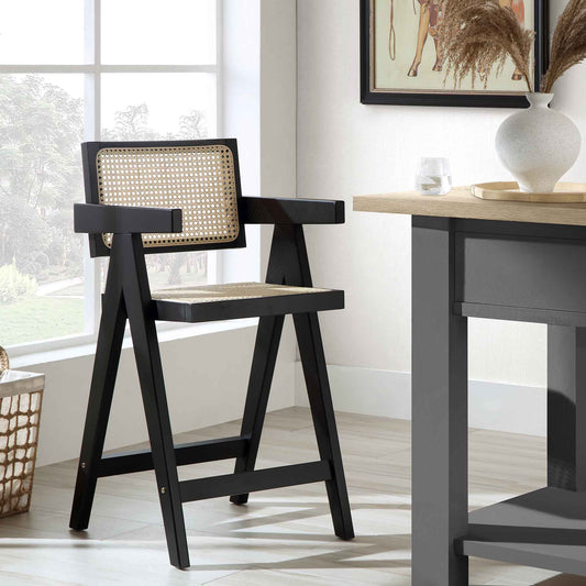 Tabouret de bar Jeanne en hêtre massif et rotin noir