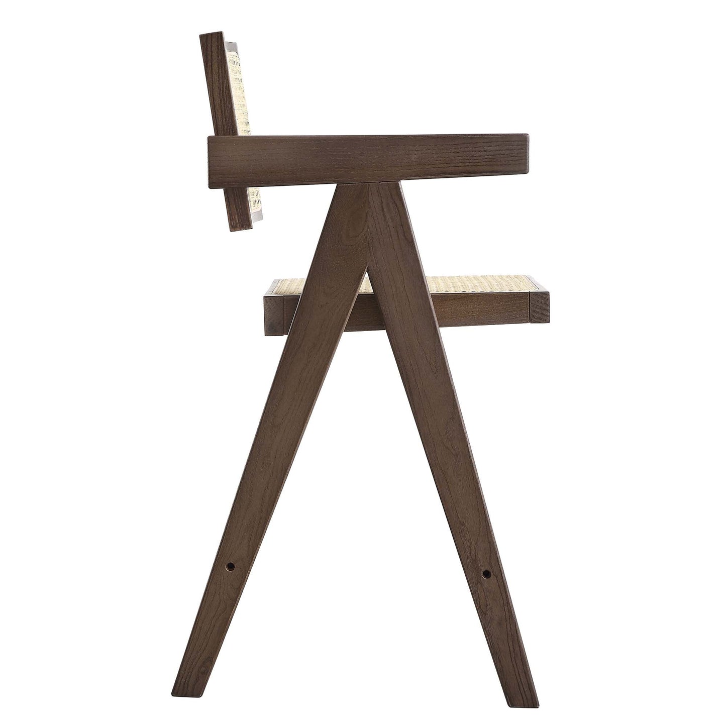 Tabouret de bar Jeanne en noyer foncé, rotin et hêtre massif