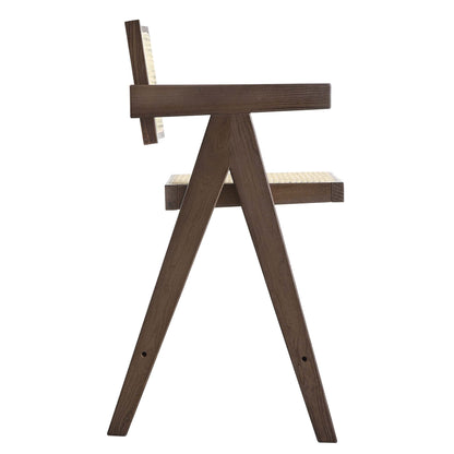 Tabouret de bar Jeanne en noyer foncé, rotin et hêtre massif