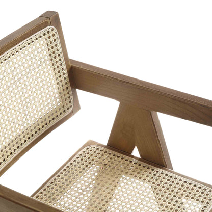 Tabouret de bar Jeanne en noyer clair, rotin et hêtre massif