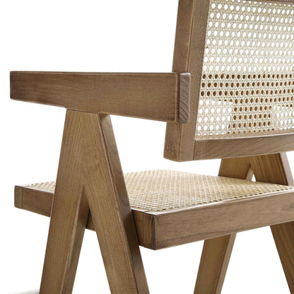 Tabouret de bar Jeanne en noyer clair, rotin et hêtre massif