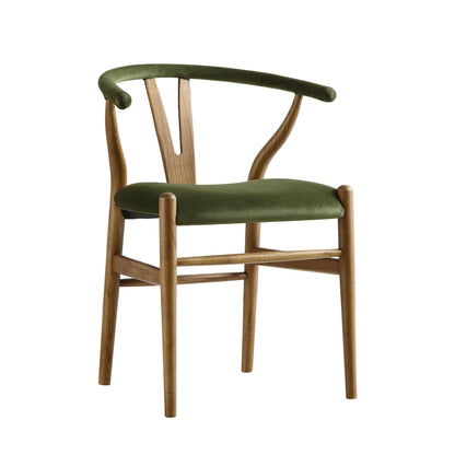 Chaise de salle à manger rembourrée Hansel, velours vert mousse et cadre en noyer clair