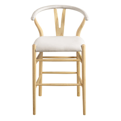 Tabouret de bar rembourré Hansel, tissu beige et cadre naturel