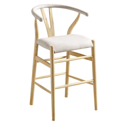 Tabouret de bar rembourré Hansel, tissu beige et cadre naturel
