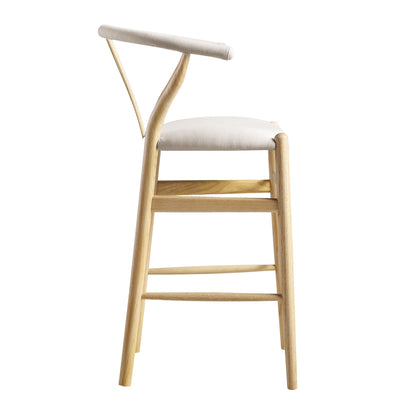 Tabouret de bar rembourré Hansel, tissu beige et cadre naturel