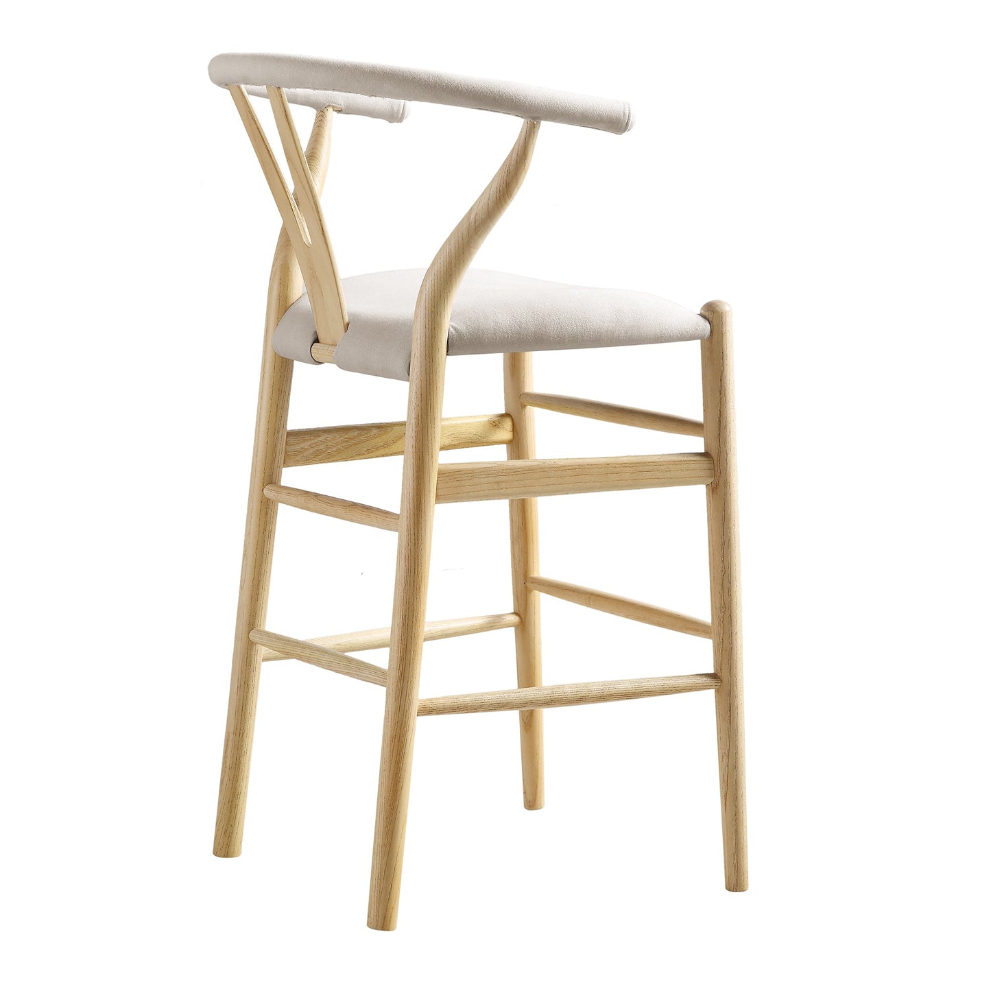 Tabouret de bar rembourré Hansel, tissu beige et cadre naturel