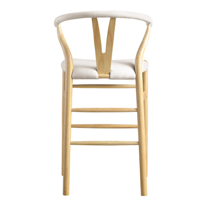 Tabouret de bar rembourré Hansel, tissu beige et cadre naturel