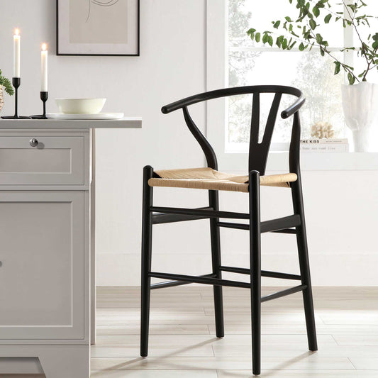 Tabouret de bar Hansel en bois tressé naturel, cadre noir