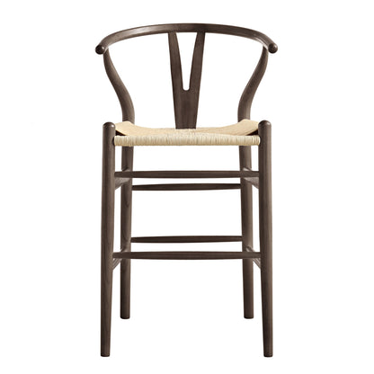 Tabouret de bar Hansel en bois tressé naturel, cadre couleur noyer foncé