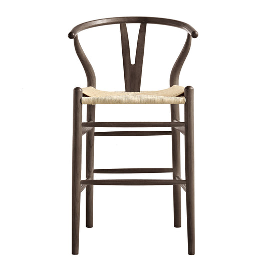 Tabouret de bar Hansel en bois tressé naturel, cadre couleur noyer foncé