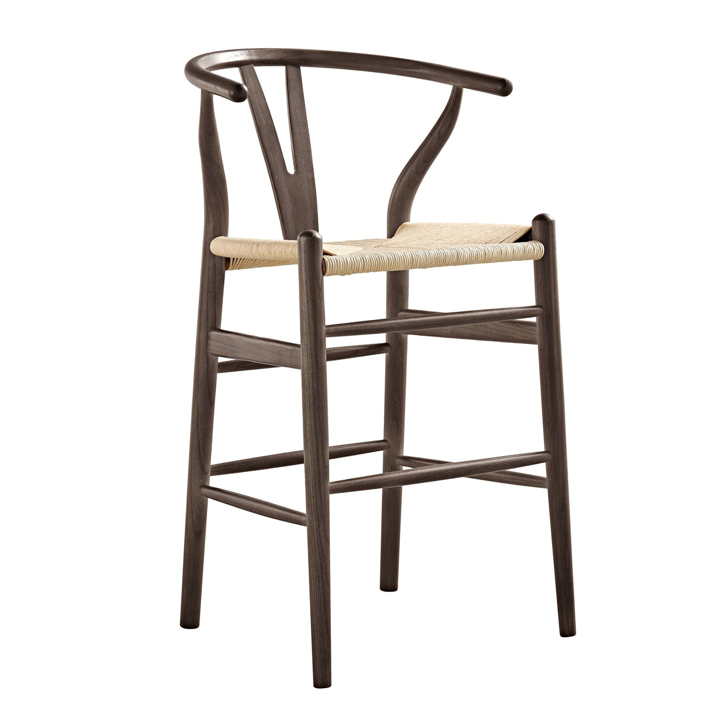 Tabouret de bar Hansel en bois tressé naturel, cadre couleur noyer foncé