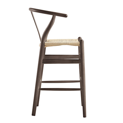 Tabouret de bar Hansel en bois tressé naturel, cadre couleur noyer foncé