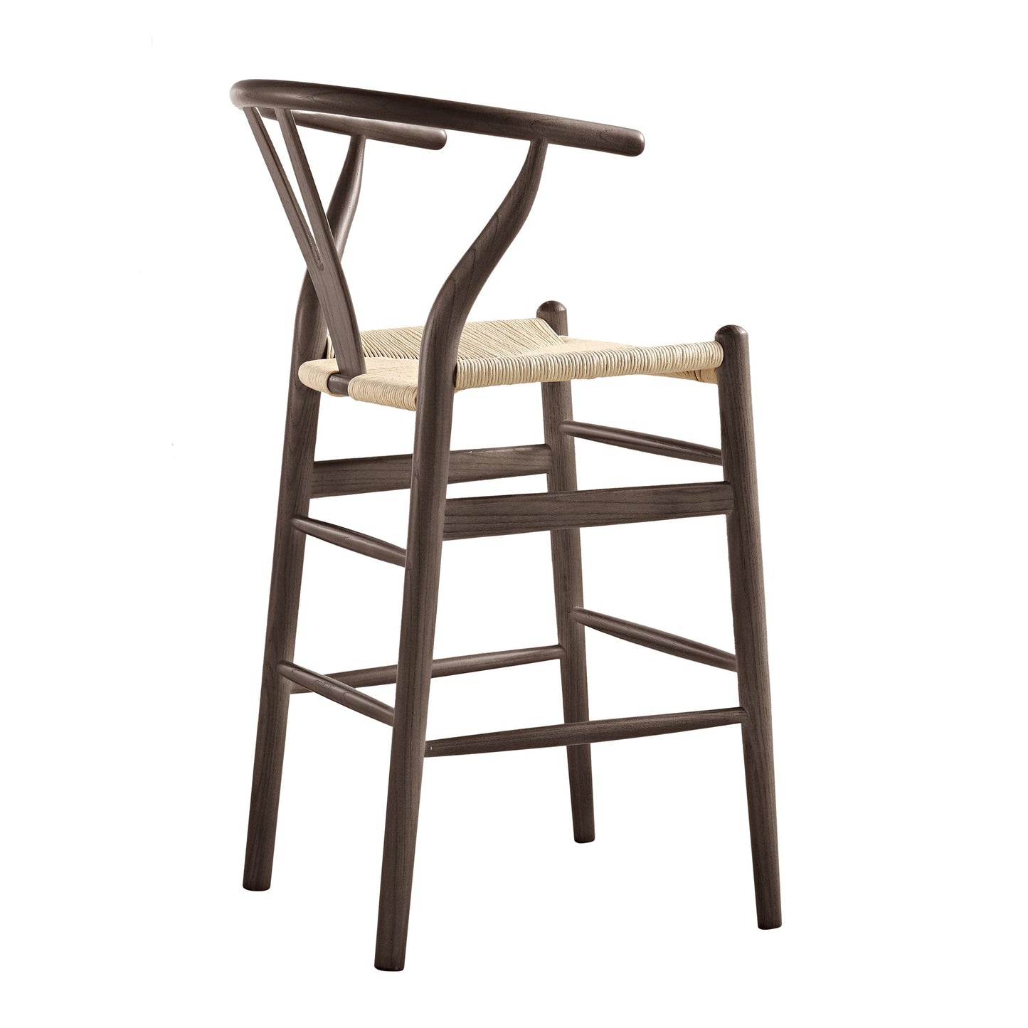 Tabouret de bar Hansel en bois tressé naturel, cadre couleur noyer foncé