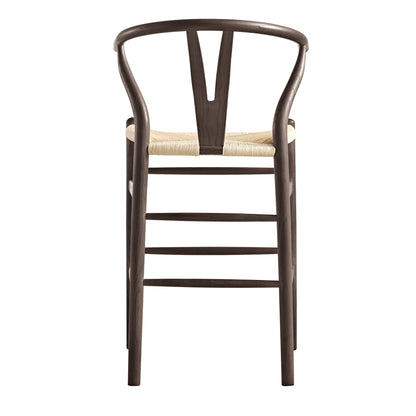 Tabouret de bar Hansel en bois tressé naturel, cadre couleur noyer foncé