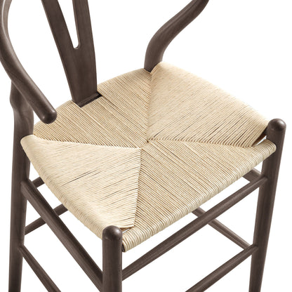 Tabouret de bar Hansel en bois tressé naturel, cadre couleur noyer foncé