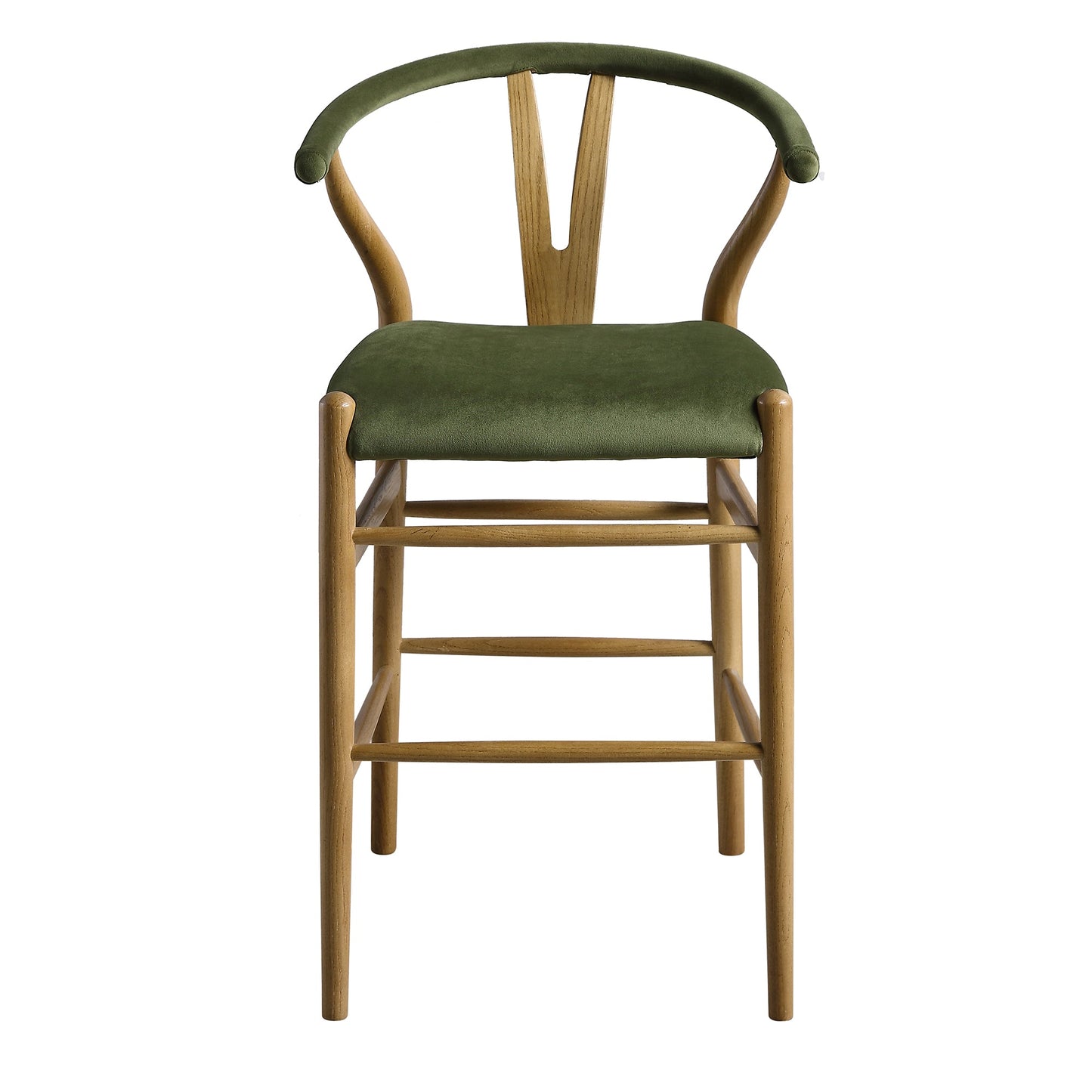 Tabouret de bar rembourré Hansel, velours vert mousse et cadre en noyer clair