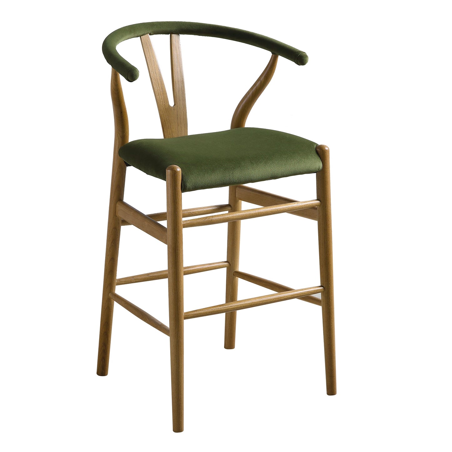Tabouret de bar rembourré Hansel, velours vert mousse et cadre en noyer clair