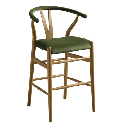Tabouret de bar rembourré Hansel, velours vert mousse et cadre en noyer clair
