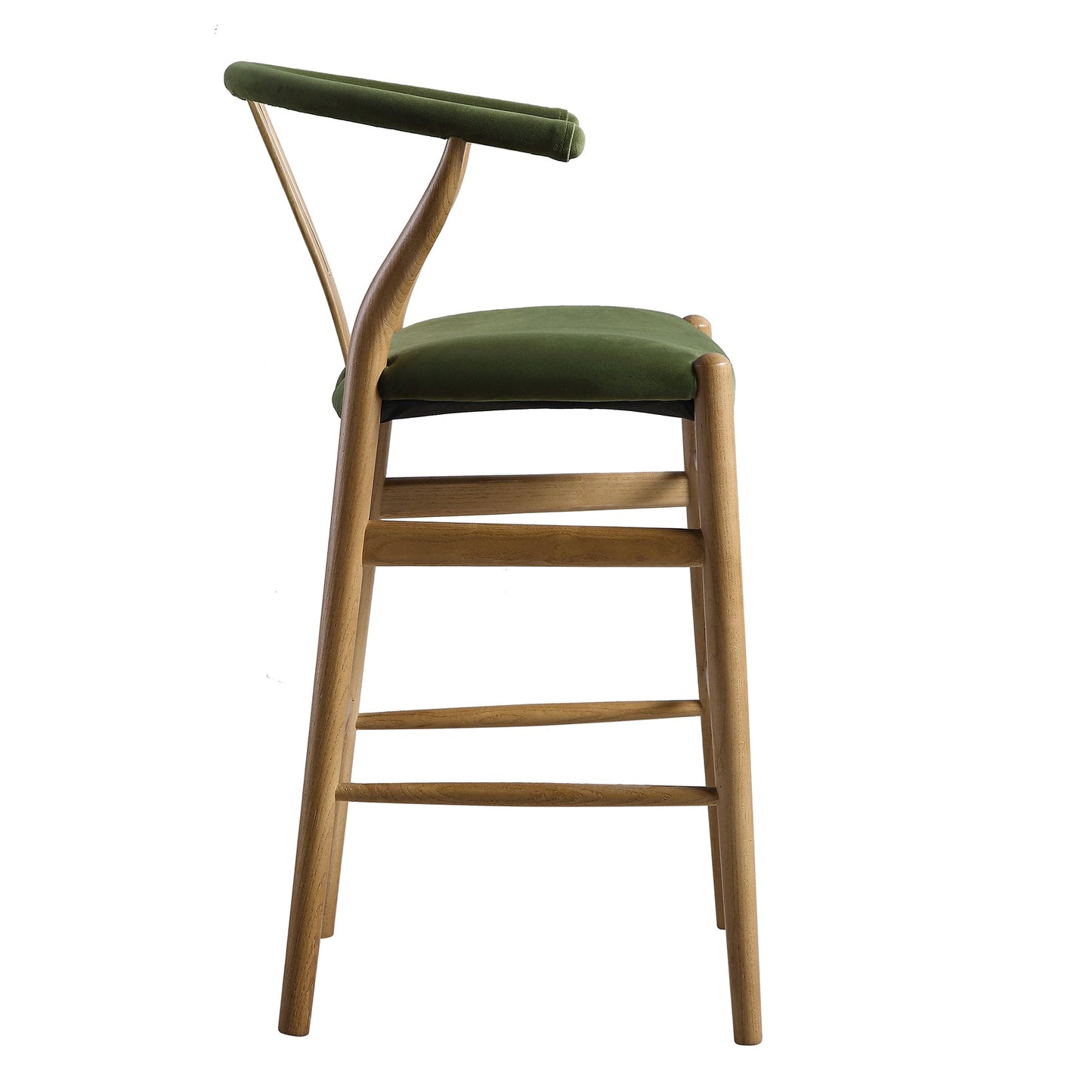 Tabouret de bar rembourré Hansel, velours vert mousse et cadre en noyer clair