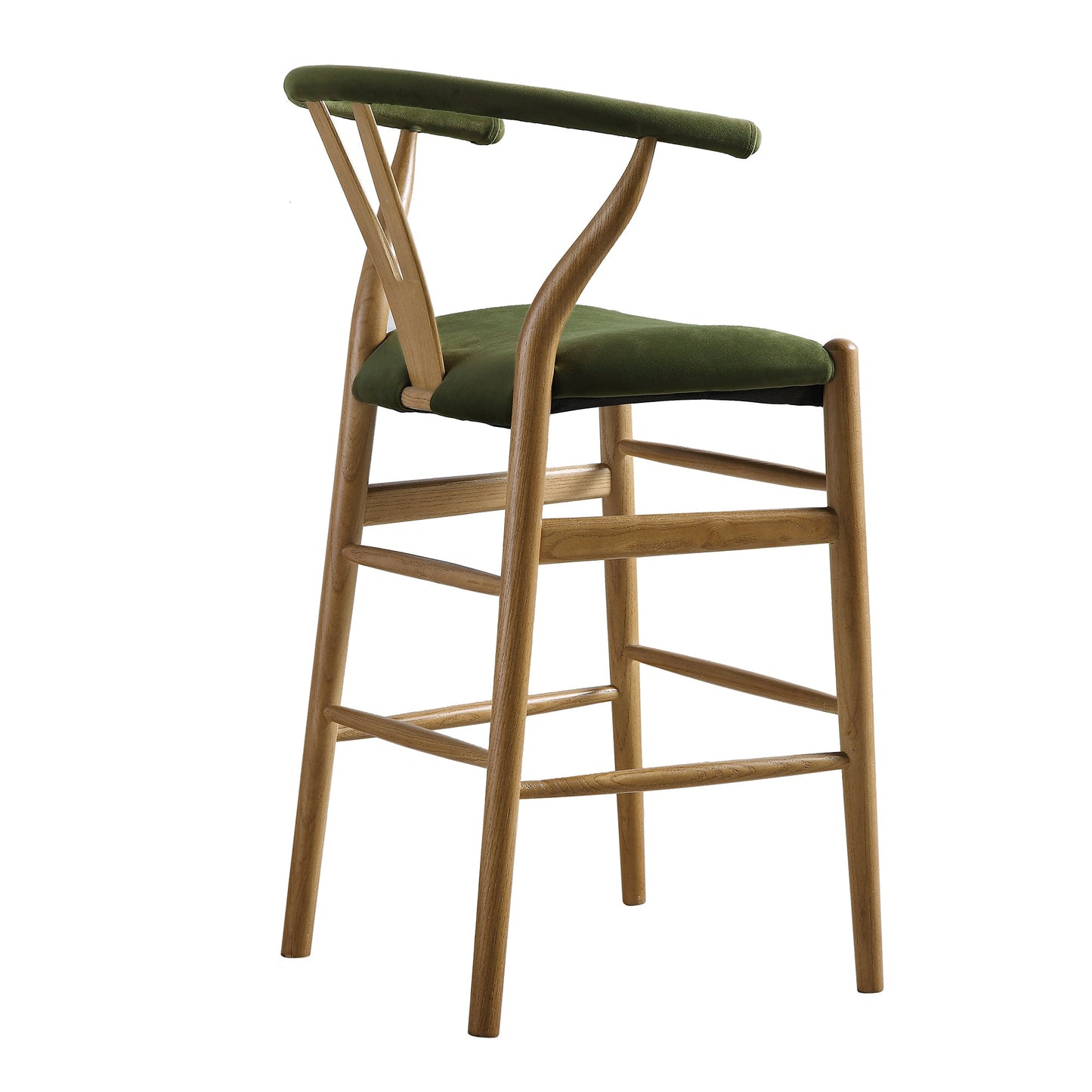 Tabouret de bar rembourré Hansel, velours vert mousse et cadre en noyer clair