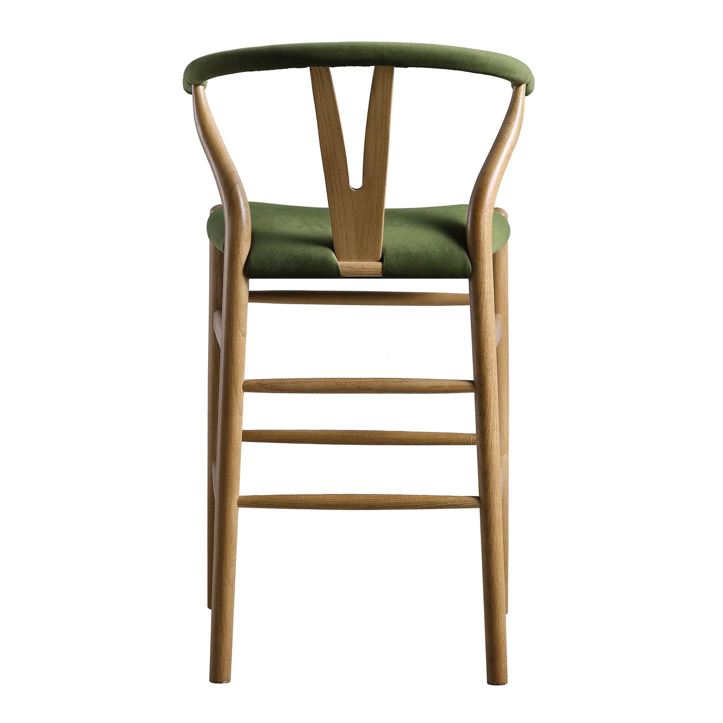 Tabouret de bar rembourré Hansel, velours vert mousse et cadre en noyer clair