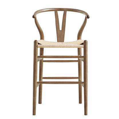 Tabouret de bar Hansel en bois tressé naturel, cadre couleur noyer clair