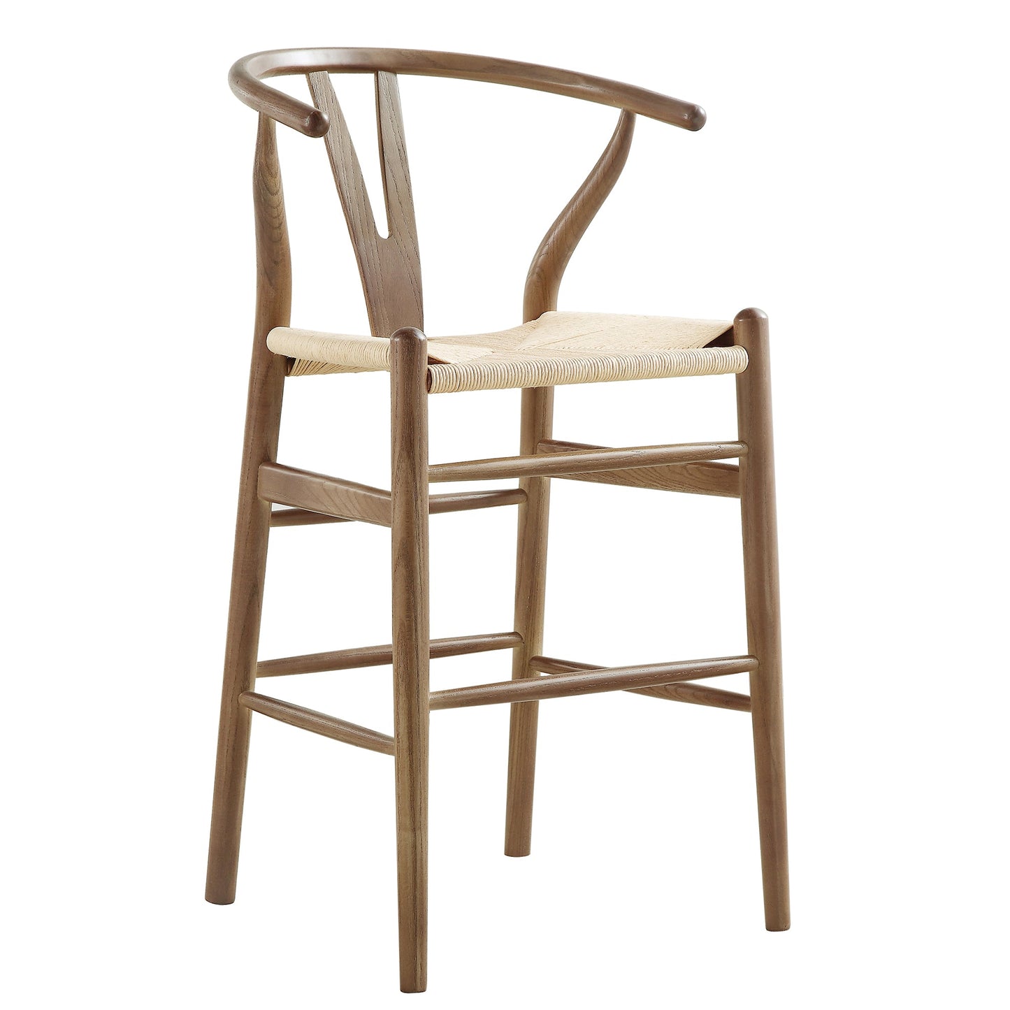 Tabouret de bar Hansel en bois tressé naturel, cadre couleur noyer clair