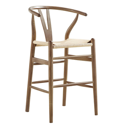 Tabouret de bar Hansel en bois tressé naturel, cadre couleur noyer clair