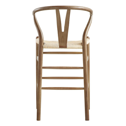 Tabouret de bar Hansel en bois tressé naturel, cadre couleur noyer clair