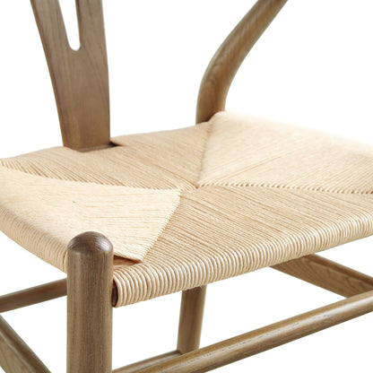 Tabouret de bar Hansel en bois tressé naturel, cadre couleur noyer clair