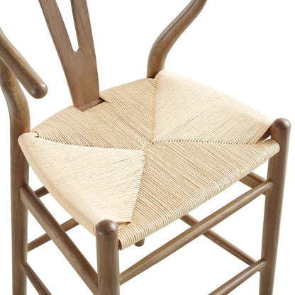 Tabouret de bar Hansel en bois tressé naturel, cadre couleur noyer clair