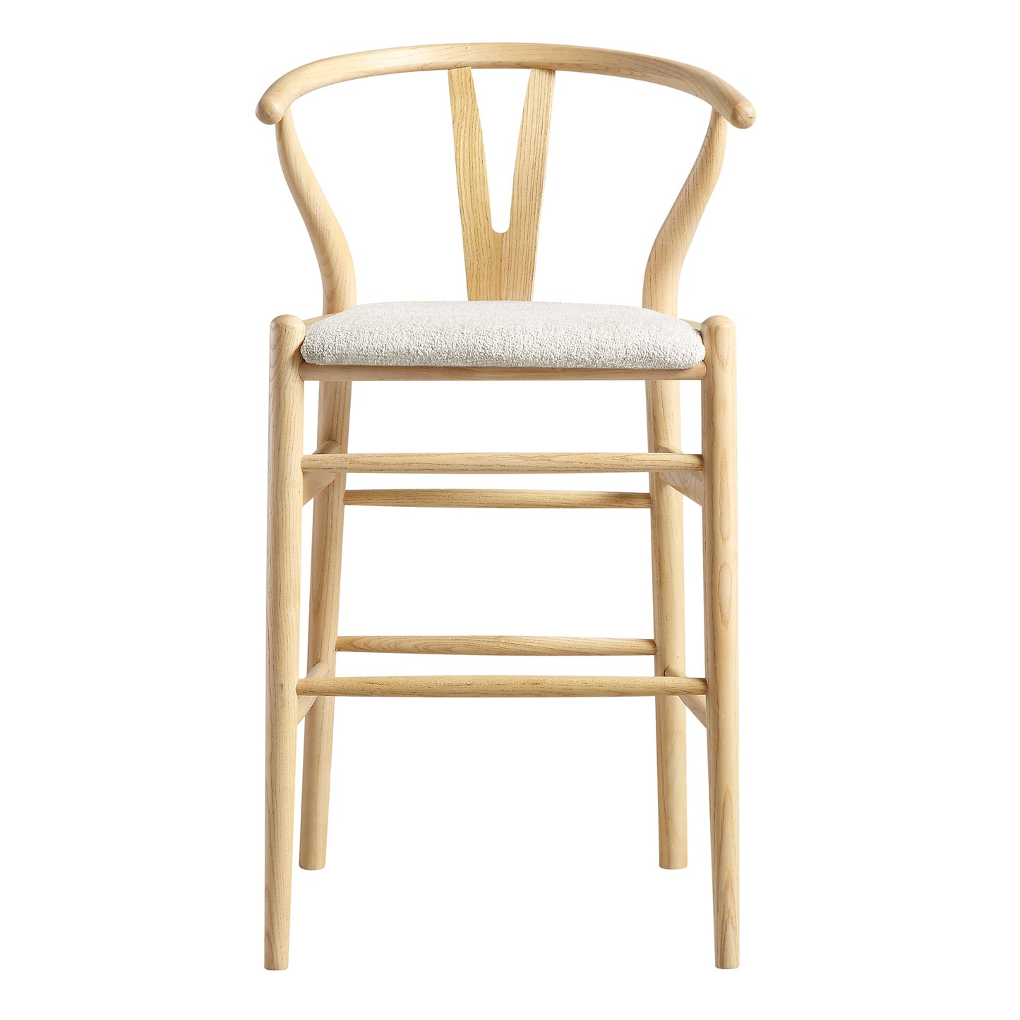Tabouret de bar rembourré Hansel, boucle blanc ivoire et cadre naturel