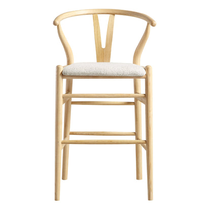 Tabouret de bar rembourré Hansel, boucle blanc ivoire et cadre naturel