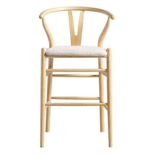 Tabouret de bar rembourré Hansel, boucle blanc ivoire et cadre naturel