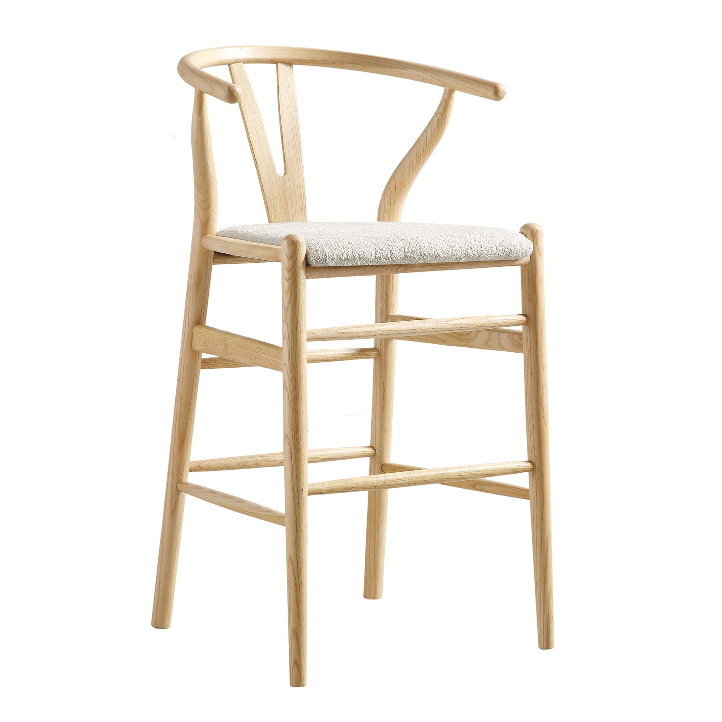 Tabouret de bar rembourré Hansel, boucle blanc ivoire et cadre naturel
