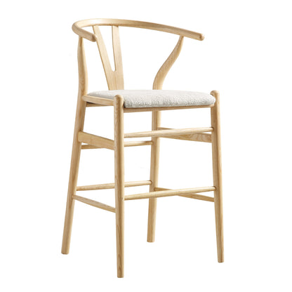 Tabouret de bar rembourré Hansel, boucle blanc ivoire et cadre naturel