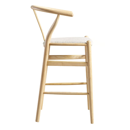 Tabouret de bar rembourré Hansel, boucle blanc ivoire et cadre naturel