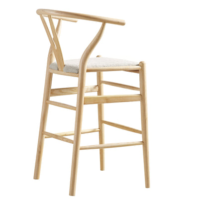 Tabouret de bar rembourré Hansel, boucle blanc ivoire et cadre naturel