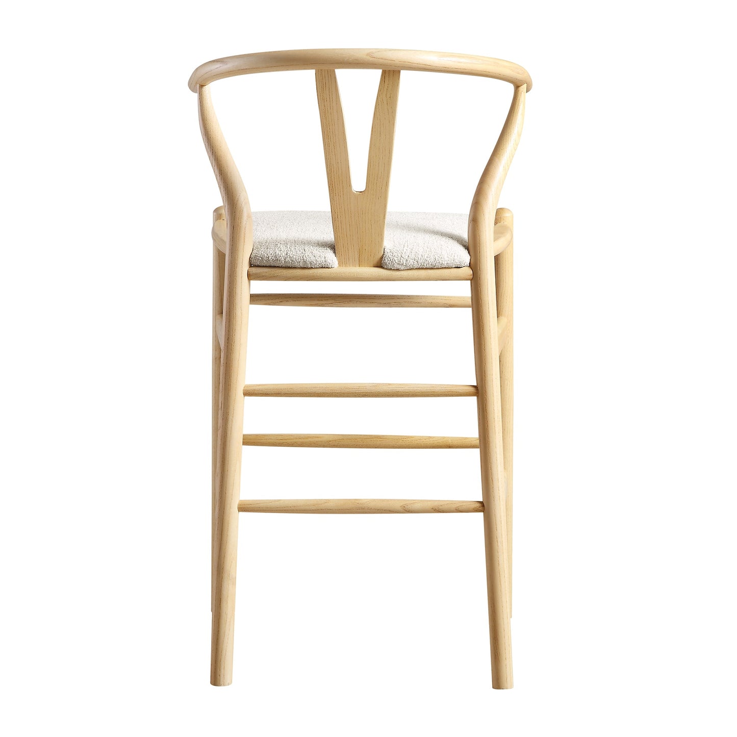 Tabouret de bar rembourré Hansel, boucle blanc ivoire et cadre naturel