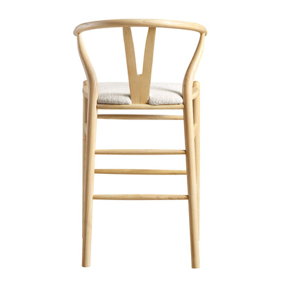 Tabouret de bar rembourré Hansel, boucle blanc ivoire et cadre naturel