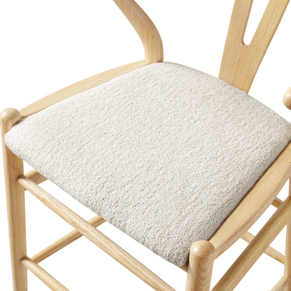 Tabouret de bar rembourré Hansel, boucle blanc ivoire et cadre naturel