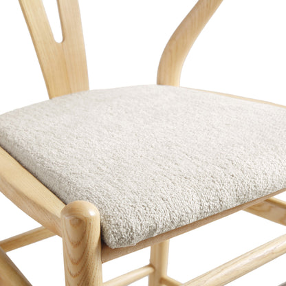 Tabouret de bar rembourré Hansel, boucle blanc ivoire et cadre naturel