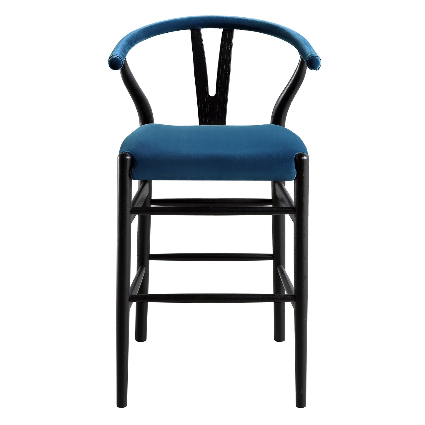 Tabouret de bar rembourré Hansel, velours bleu et cadre noir