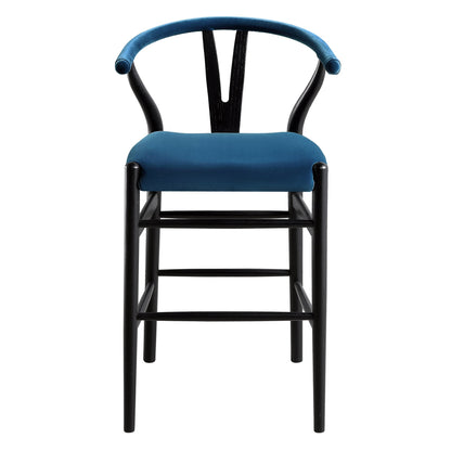 Tabouret de bar rembourré Hansel, velours bleu et cadre noir