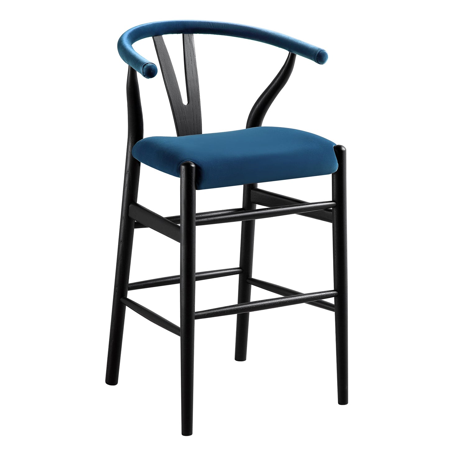Tabouret de bar rembourré Hansel, velours bleu et cadre noir