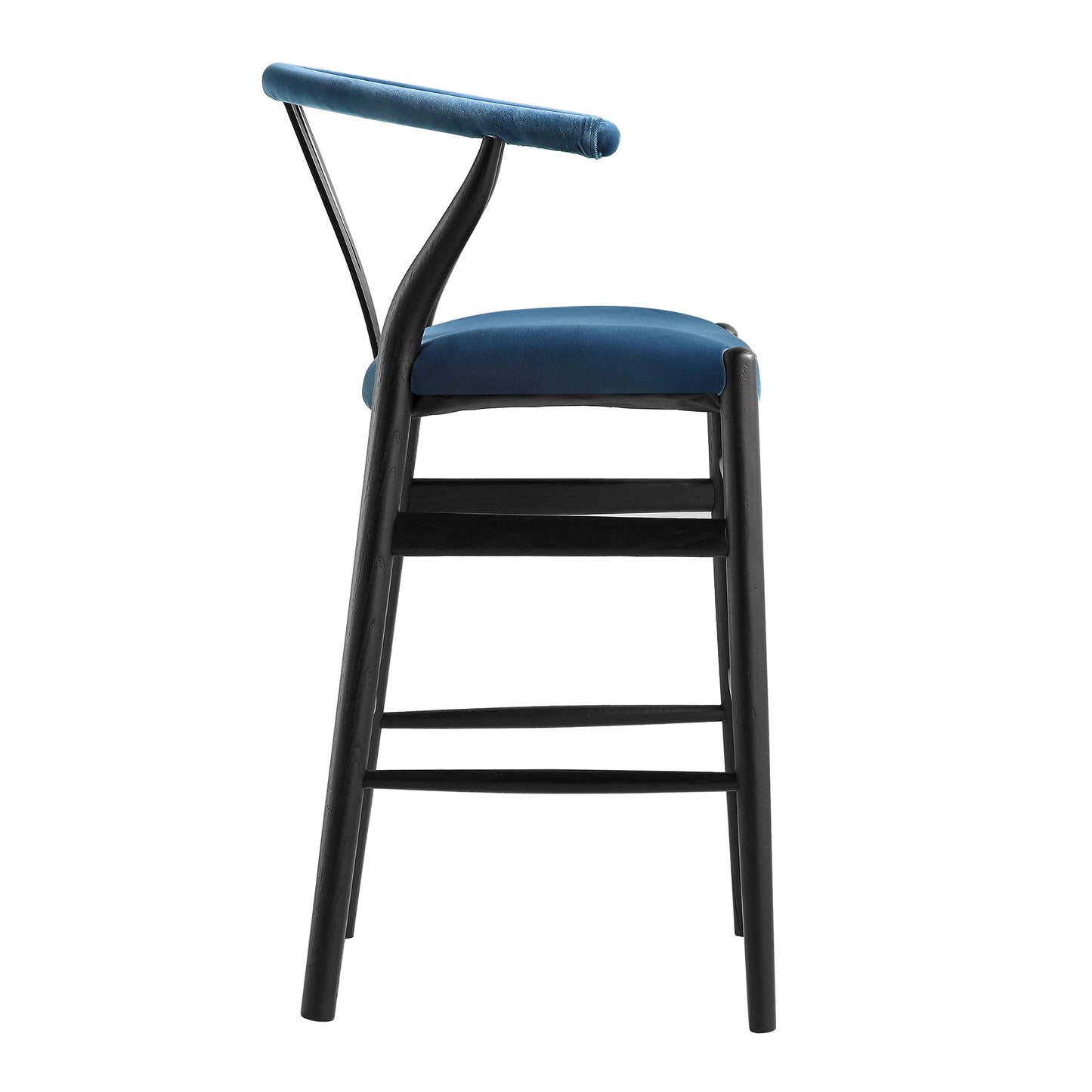Tabouret de bar rembourré Hansel, velours bleu et cadre noir