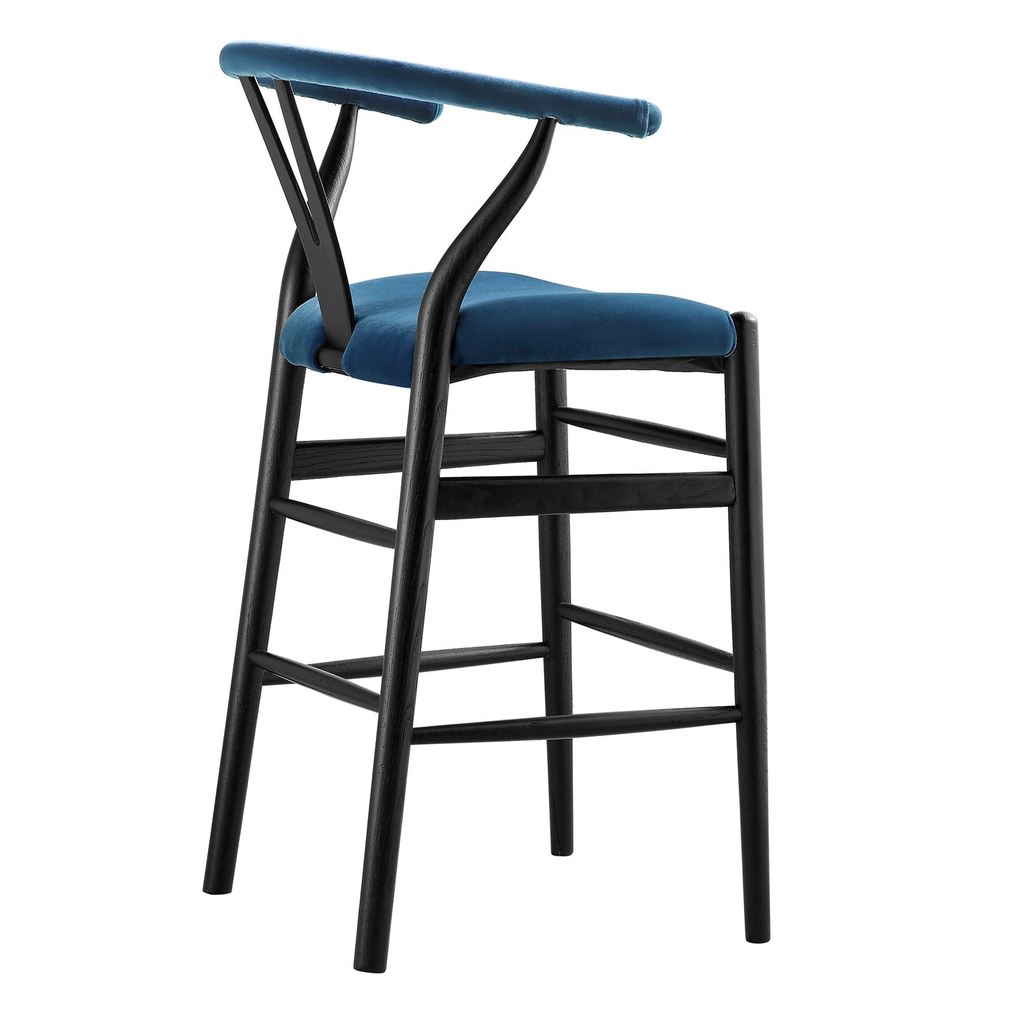 Tabouret de bar rembourré Hansel, velours bleu et cadre noir