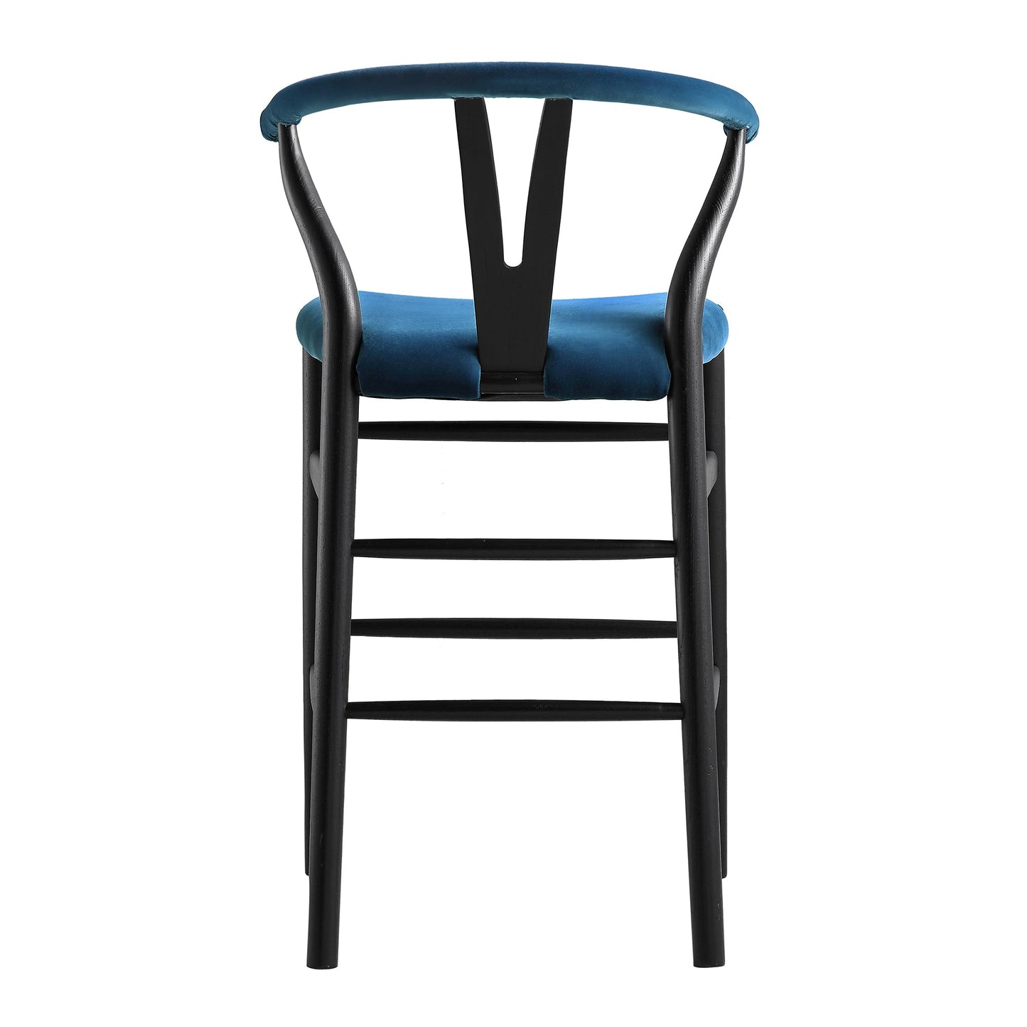 Tabouret de bar rembourré Hansel, velours bleu et cadre noir