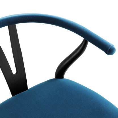 Tabouret de bar rembourré Hansel, velours bleu et cadre noir