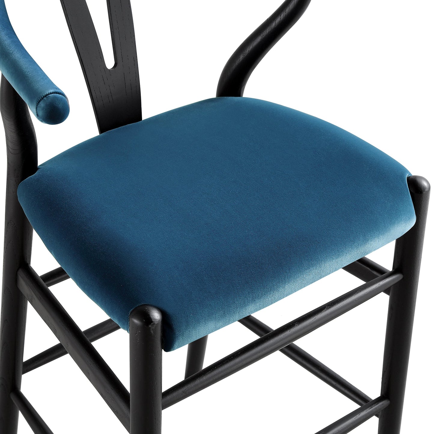 Tabouret de bar rembourré Hansel, velours bleu et cadre noir